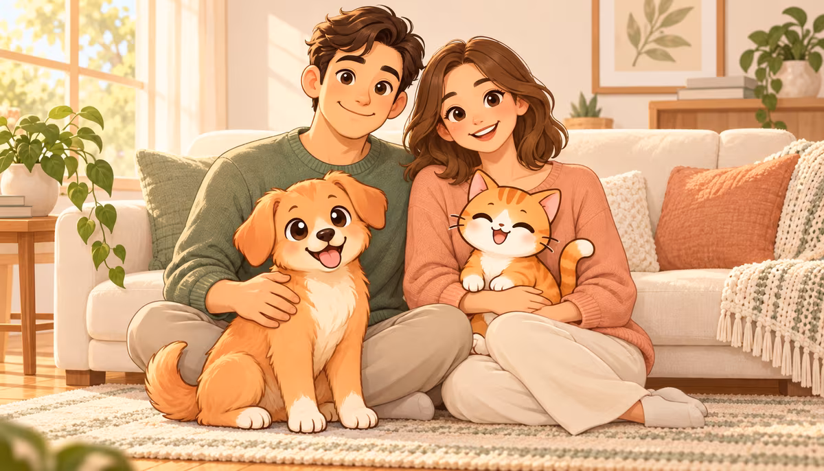 Eine gezeichnete Familie sitzt mit ihrem Hund und ihrer Katze auf dem Boden